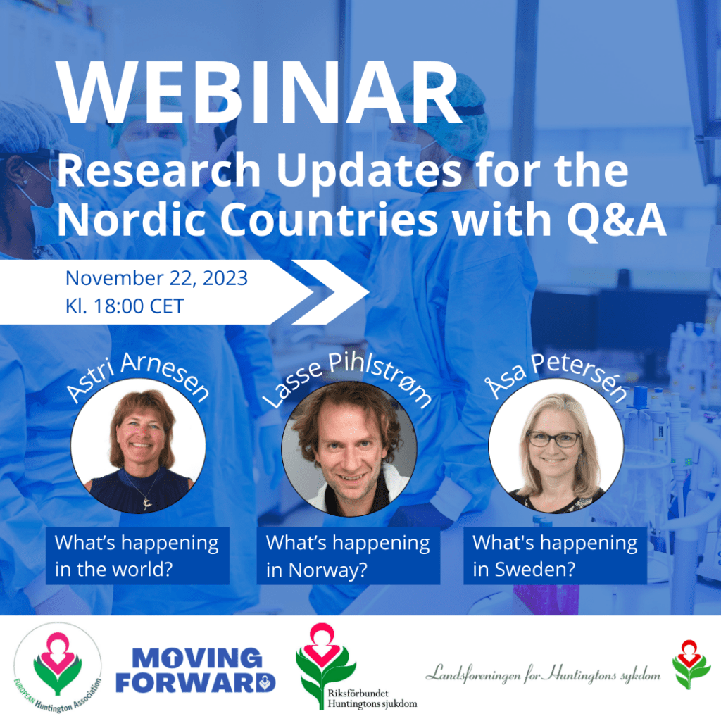 Illustration with blue background, and the text "Webinar. Research updates for the Nordic countries with Q&A". Photos of Astri Arnesen, Lasse Pihlstrøm and Åsa Petersén. 