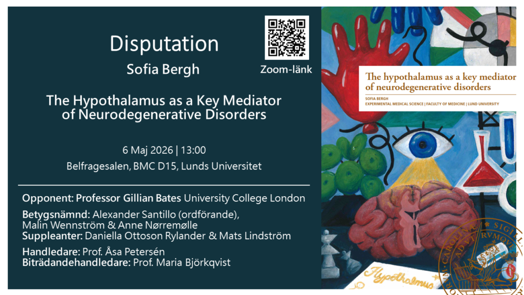 Framsidan av Sofia Bergs avhandling. Illustration gjord av författaren själv, i klara färger, föreställande bland annat en hjärna och en röd ballong i form av en laboratoriehandske.